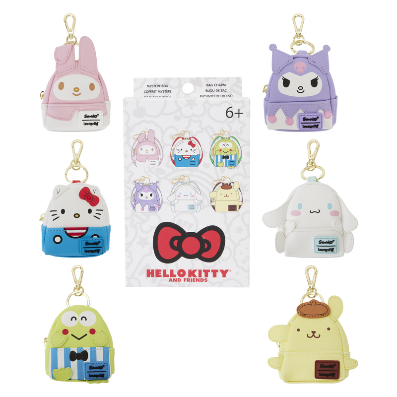Six options of the Loungefly Sanrio Hello Kitty and Friends 50th Anniversary Mystery Mini Backpack Keychains, featuring My Melody, Hello Kitty, Keroppi, Kuromi, Cinnamoroll, and Pompompurin surrounded the white box they arrive in 